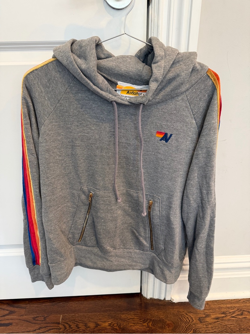 Aviator Nation Gray Hoodie with Velvet Rainbow Sleeve Stripes